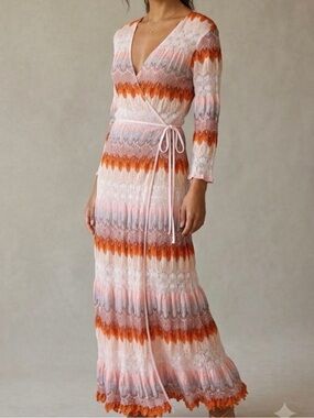 New! DX Collection Dixie Knit Wrap Dress Pink Orange Crochet Medium NWT